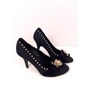 Beverly Feldman Heels Womens Size 7.5 M Black Velvet Pearl Embellished Pumps EUC